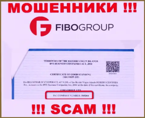 Номер регистрации противозаконно действующей компании Fibo Forex - 549364