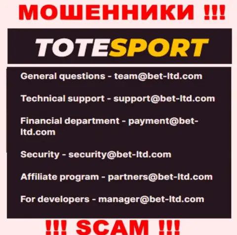 В разделе контактной инфы интернет-мошенников ToteSport, указан именно этот адрес электронной почты для связи