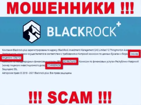 BlackRockPlus скрывают свою мошенническую суть, размещая у себя на информационном ресурсе лицензию