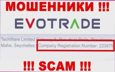 Довольно-таки рискованно сотрудничать с организацией EvoTrade, даже и при явном наличии регистрационного номера: 223879