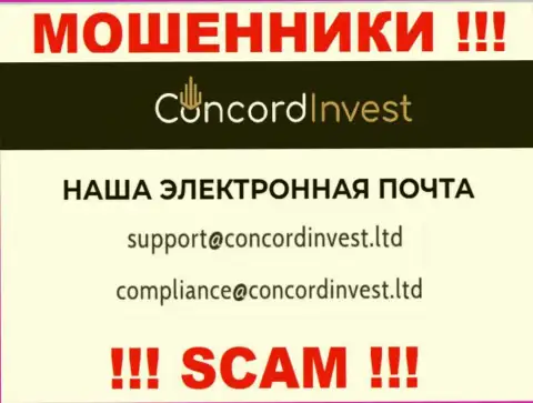Написать мошенникам Concord Invest можно на их электронную почту, которая найдена на их сайте