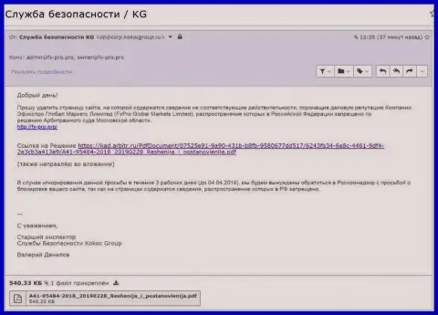 Сообщение с решением арбитражного суда Московской обл., отправленное фирмой Кокос Групп