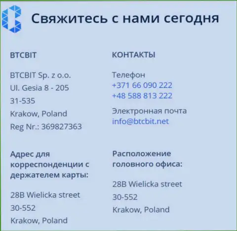 Контактная информация обменного онлайн-пункта BTCBit Sp. z.o.o.