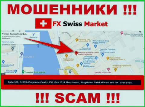 Организация FX-SwissMarket Com указывает на сайте, что расположены они в оффшоре, по адресу - Suite 305, Griffith Corporate Centre, P.O. Box 1510,Beachmont Kingstown, Saint Vincent and the Grenadines