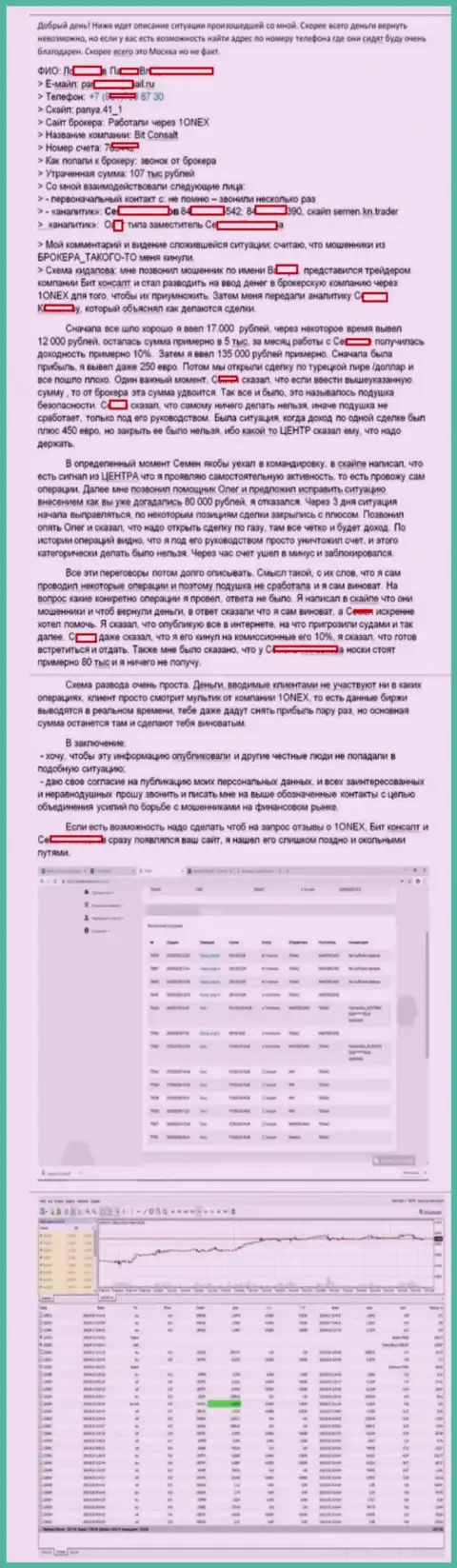 Подробная история обмана клиента шулерами из 1Оnex Сom на сумму 107 000 российских рублей